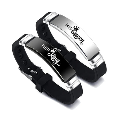 2 Pcs/Set His Queen Her King Couple Bracelets - Stainless Steel Adjustable Silicone Strap Bangles for Valentine's Day Gift