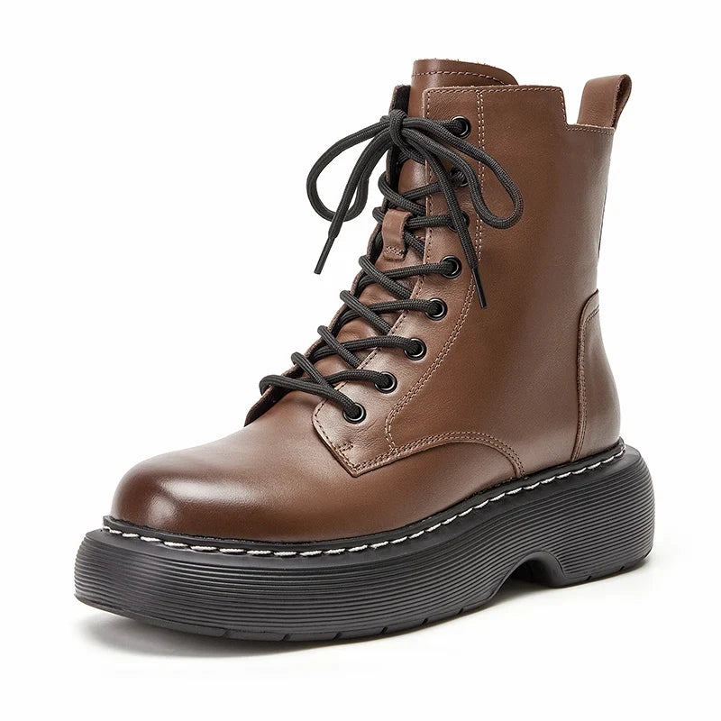 BeauToday Women’s Leather Ankle Boots - Platform Cow Leather Shoes with Side Zipper, Lace-Up Detail & Handmade Finish