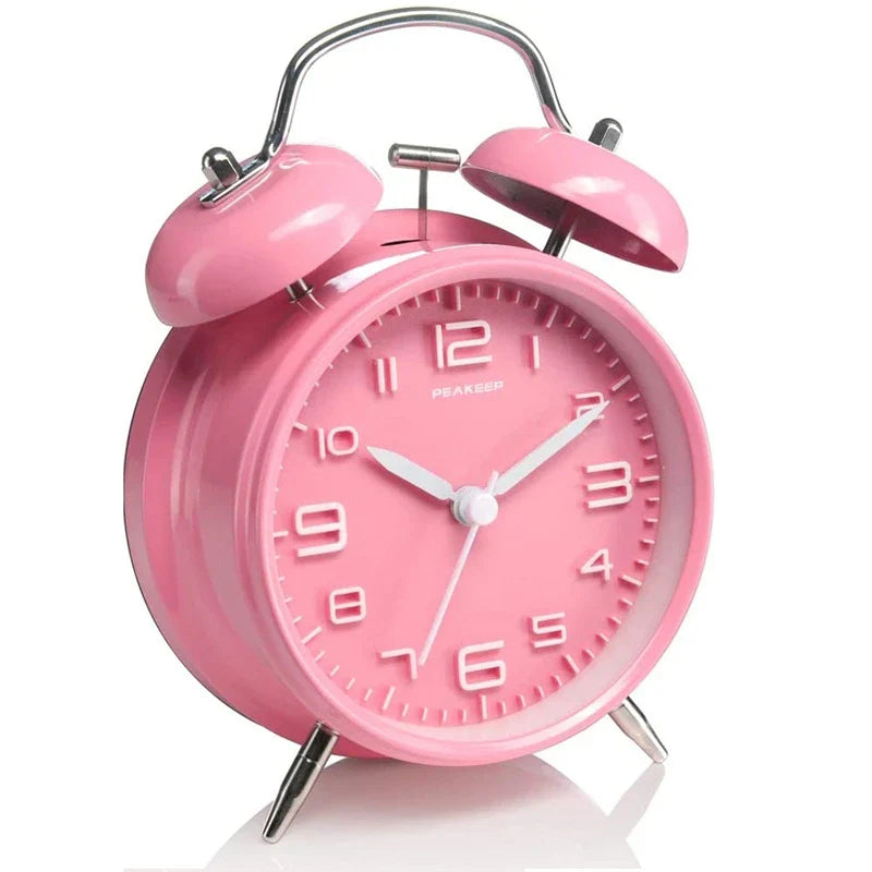 4 Inch Twin Bell Metal Alarm Clock – Loud Mechanical Desk Clock with Backlight 3D Dial, Battery Operated for Home & Office Use
