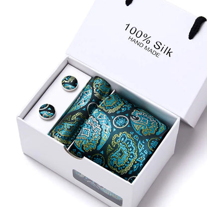100% Silk Men’s Tie Gift Set - Classic 7.5cm Striped Floral Necktie with Handkerchief for Office, Party & Wedding Formal Wear