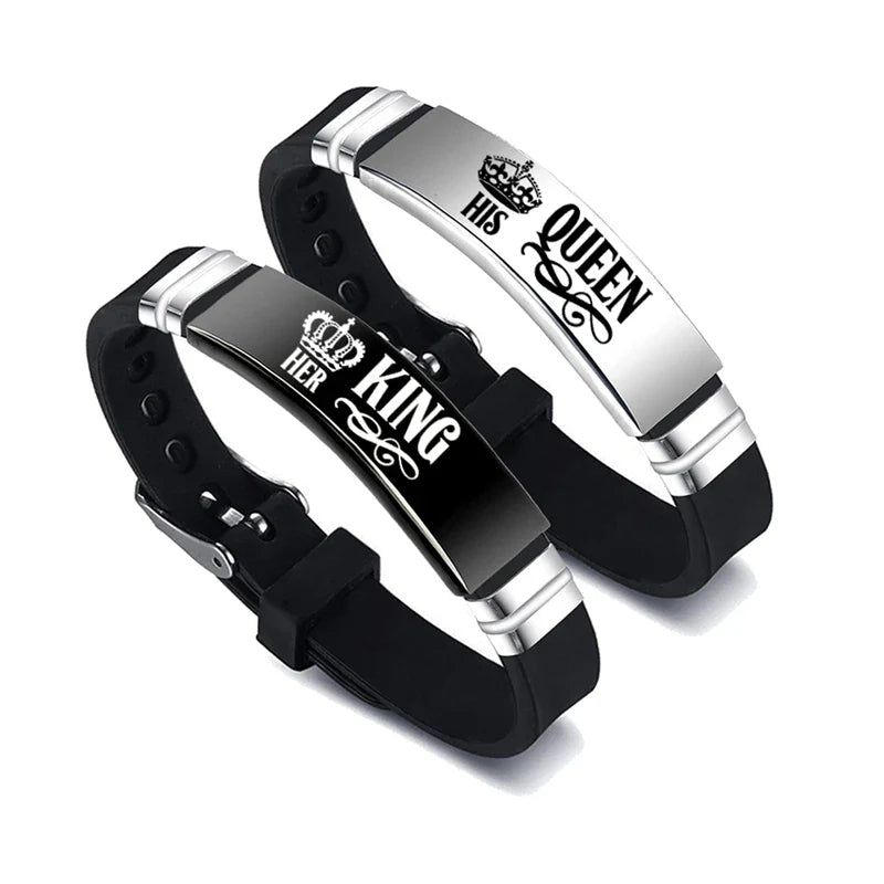 2 Pcs/Set His Queen Her King Couple Bracelets - Stainless Steel Adjustable Silicone Strap Bangles for Valentine's Day Gift