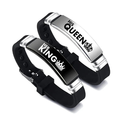 2 Pcs/Set His Queen Her King Couple Bracelets - Stainless Steel Adjustable Silicone Strap Bangles for Valentine's Day Gift