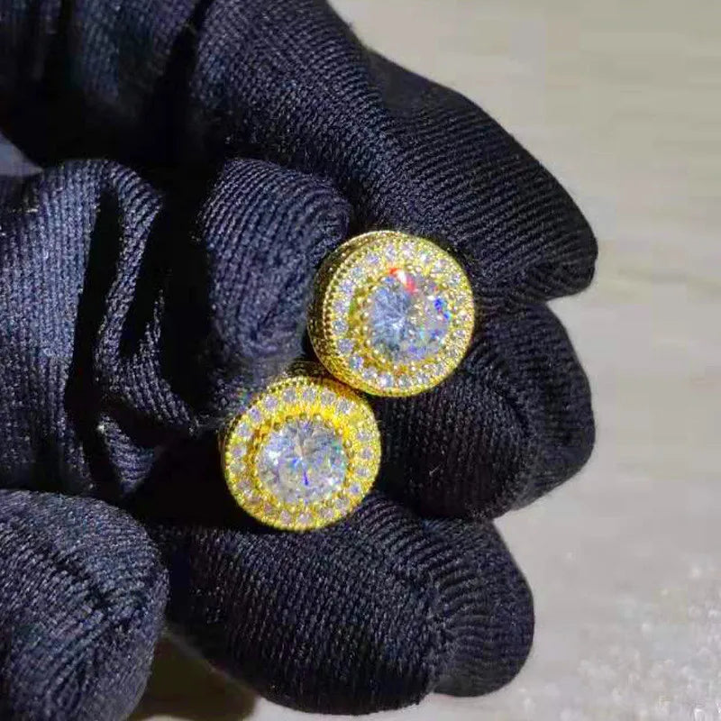 Austrian Crystal Round Earrings for Women – White Gold & Yellow Gold Color, White Zircon Hip Hop Wedding Stud Jewelry