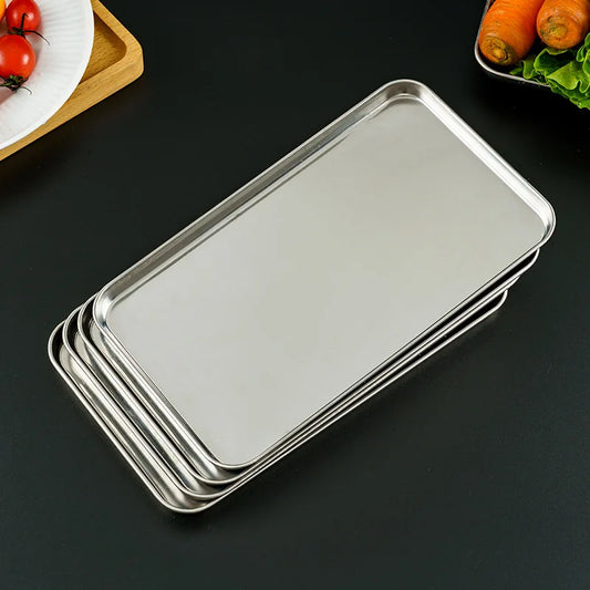 Rectangle Stainless Steel Buffet Tray – Metal Food Serving Plate for Rice, Noodles, & Home Dishes Storage Organizer