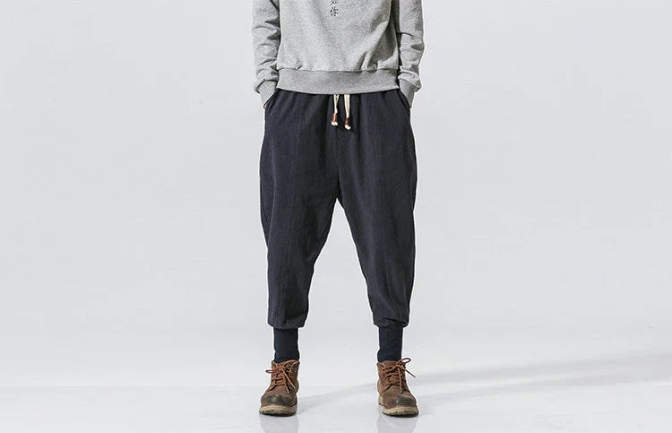 Men’s Cotton Linen Harem Pants – Solid Color Baggy Drop-Crotch Joggers with Elastic Waist Casual Streetwear Trousers