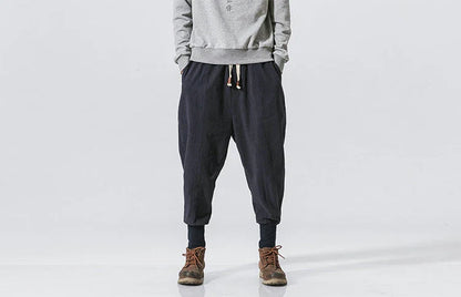 Men’s Cotton Linen Harem Pants – Solid Color Baggy Drop-Crotch Joggers with Elastic Waist Casual Streetwear Trousers