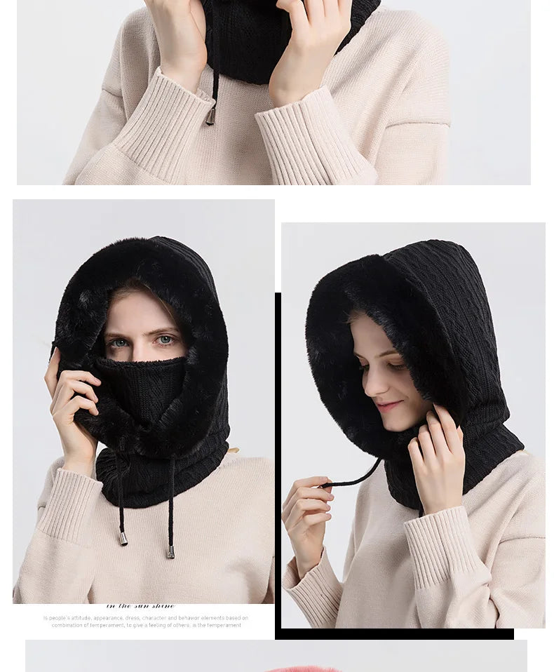 Winter Fur Cap Mask Set – Hooded Knitted Cashmere Neck Warmer, Plush Windproof Balaclava Ski Beanie for Women