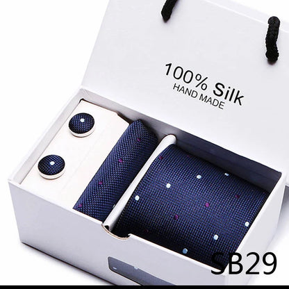 100% Silk Tie Gift Set - Classic Striped Wedding Necktie with Handkerchief for Men