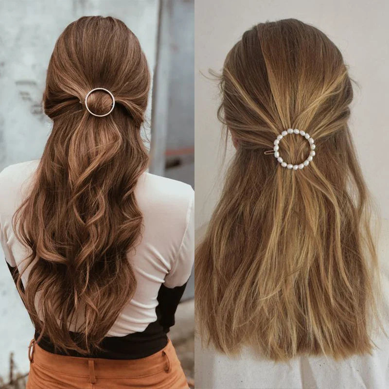 Geometry Hair Clips: Gold & Silver Metal Circle Barrettes with Korean Crystal Pear Accents - Stylish Hair Grips for Women and Girls