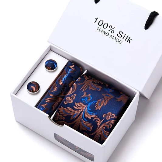 100% Silk Tie Gift Set - Classic Striped Wedding Necktie with Handkerchief for Men