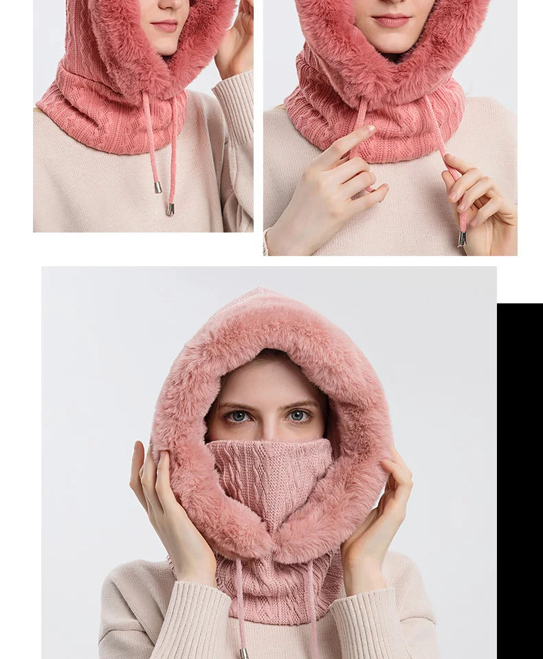 Winter Fur Cap Mask Set – Hooded Knitted Cashmere Neck Warmer, Plush Windproof Balaclava Ski Beanie for Women
