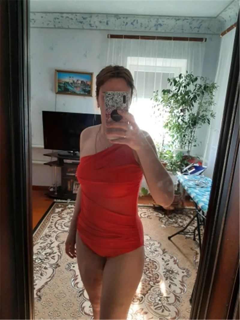 Plus Size One Shoulder Swimsuit - Women's Mesh Push Up Padded Slim Fit Solid Color Bathing Suit