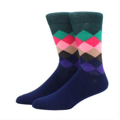 Men’s Funny Argyle Diamond Pattern Cotton Socks – Large Size 3D Geometric Crew Tube Socks, Combed Cotton Casual Novelty Socks