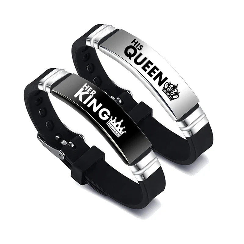 2 Pcs/Set His Queen Her King Couple Bracelets - Stainless Steel Adjustable Silicone Strap Bangles for Valentine's Day Gift