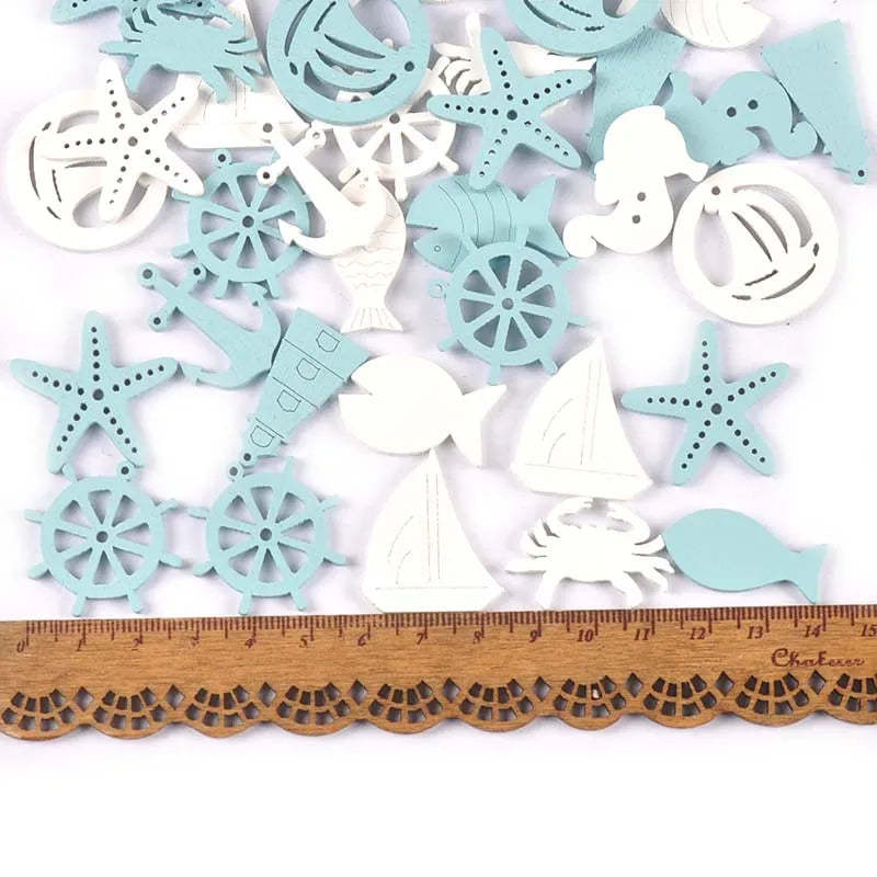 20PCS Ocean Theme Blue & White Wood Slice Embellishments – DIY Scrapbooking, Crafts & Home Decor