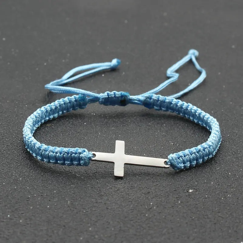 Stainless Steel Cross Charm Bracelet - Handmade Adjustable Braided Rope Chain Couple Jewelry for Women & Men