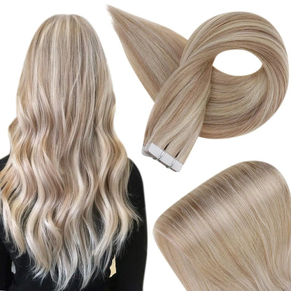 Full Shine Tape In Human Hair Extensions - 100% Remy Straight Hair Double Sided Silky Natural Tapes for Women