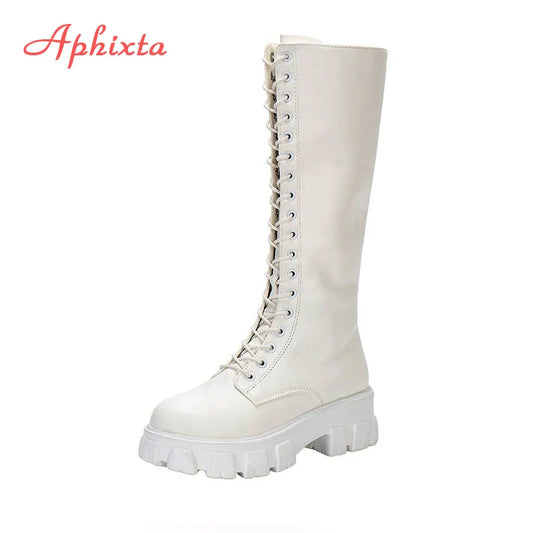Aphixta 2025 Women’s Winter Knee-High Boots – White PU Leather Lace-Up Platform Fashion Shoes