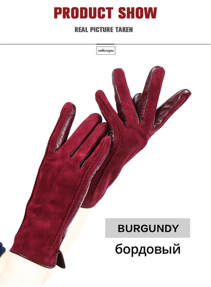 Women’s Winter Touch Gloves – 50% Genuine Leather & 50% Suede, Colorful Warm Leather Gloves