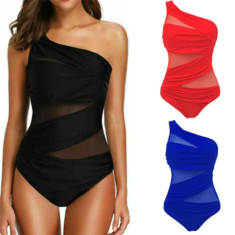 Plus Size One Shoulder Swimsuit - Women's Mesh Push Up Padded Slim Fit Solid Color Bathing Suit