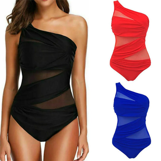 Plus Size One Shoulder Swimsuit - Women's Mesh Push Up Padded Slim Fit Solid Color Bathing Suit