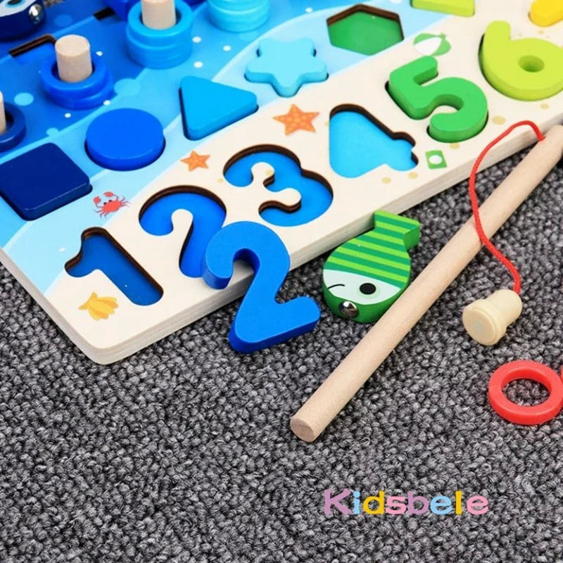 Montessori Math Learning Toy - Wooden Puzzle Fishing Game with Number Counting, Shape Matching & Sorting Activities for Toddlers