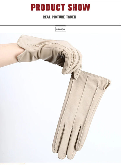 Women’s Winter Touch Gloves – 50% Genuine Leather & 50% Suede, Colorful Warm Leather Gloves