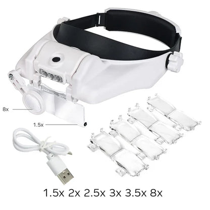 USB Rechargeable Magnifying Glasses Loupe with LED – Watchmaker Repair Tool Headband Magnifier (1.5x-3.5x)