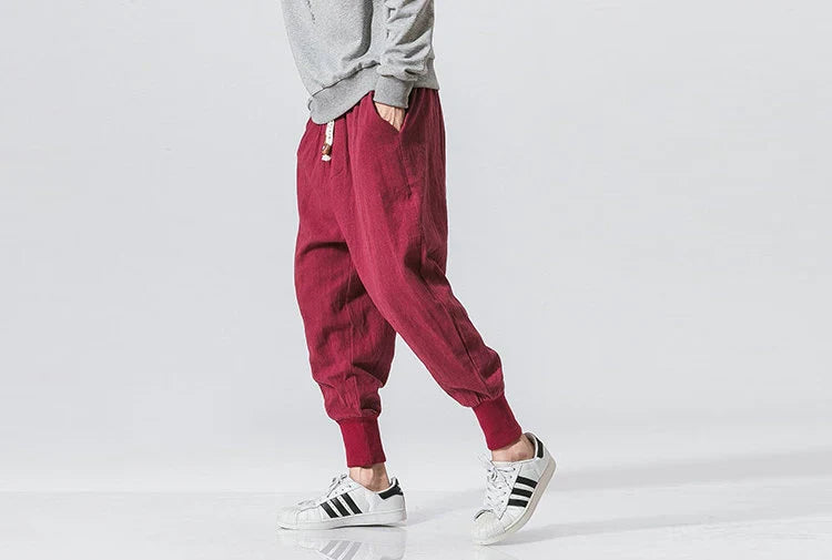 Men’s Cotton Linen Harem Pants – Solid Color Baggy Drop-Crotch Joggers with Elastic Waist Casual Streetwear Trousers