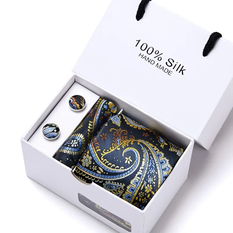100% Silk Men’s Tie Gift Set - Classic 7.5cm Striped Floral Necktie with Handkerchief for Office, Party & Wedding Formal Wear