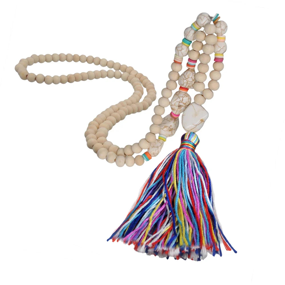 Wooden Bead Tassel Long Necklace - Bohemian Summer Beach Sweater Chain for Women | Mother's Day Gift