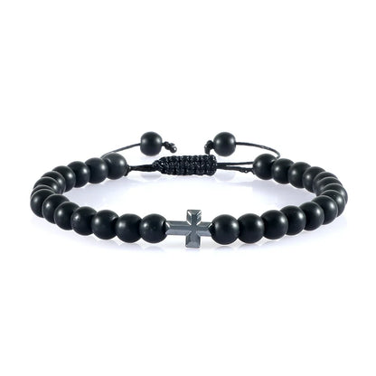 Natural Stone Bead Cross Bracelet - 6mm Braided Christian Prayer Jewelry with Jesus Charm for Men & Women