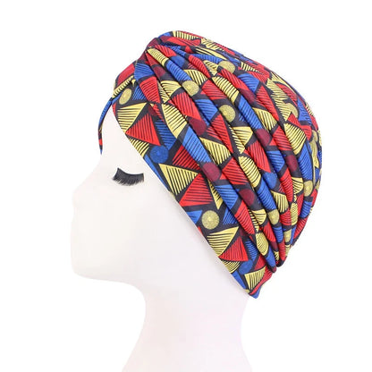 African Print Turban Head Wrap - Soft Stretch Twisted Pleated Beanie Bonnet for Women, Headtie & Chemo Cap