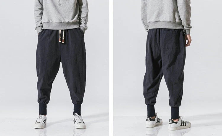 Men’s Cotton Linen Harem Pants – Solid Color Baggy Drop-Crotch Joggers with Elastic Waist Casual Streetwear Trousers