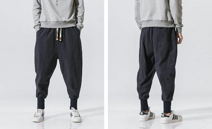 Men’s Cotton Linen Harem Pants – Solid Color Baggy Drop-Crotch Joggers with Elastic Waist Casual Streetwear Trousers