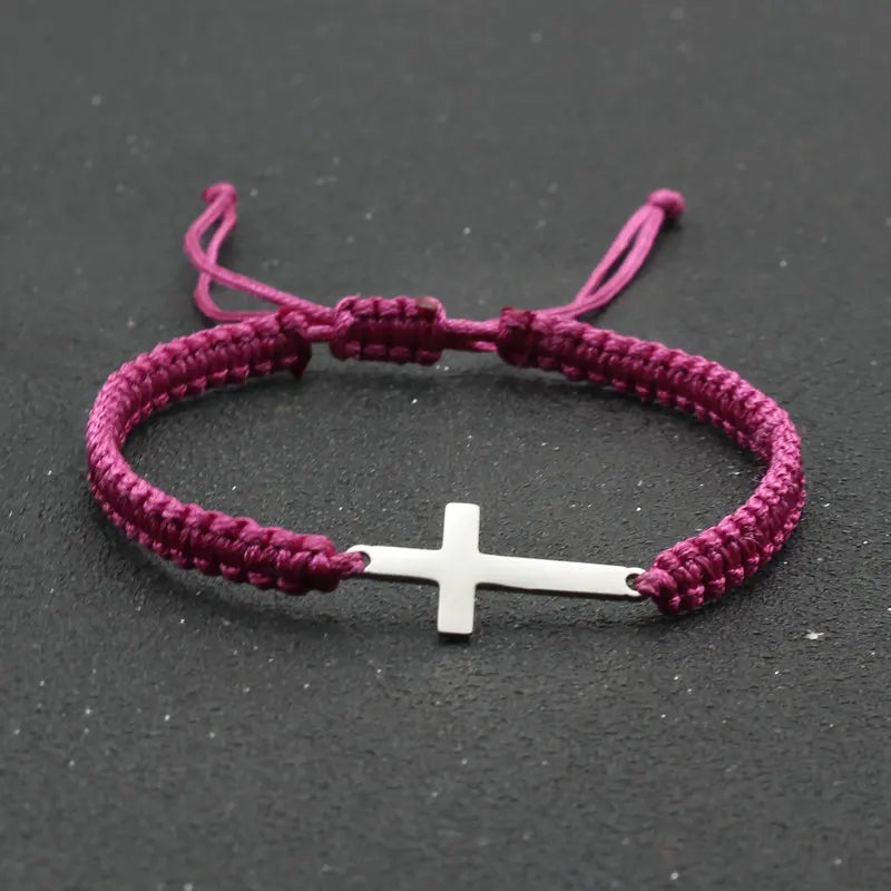 Stainless Steel Cross Charm Bracelet - Handmade Adjustable Braided Rope Chain Couple Jewelry for Women & Men