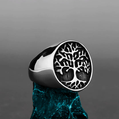 Nordic Viking Stainless Steel Ring - Compass Tree of Life Rune Wolf Amulet Jewelry for Men & Women