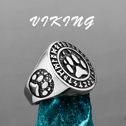 Nordic Viking Stainless Steel Ring - Compass Tree of Life Rune Wolf Amulet Jewelry for Men & Women