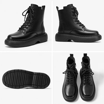 BeauToday Women’s Leather Ankle Boots - Platform Cow Leather Shoes with Side Zipper, Lace-Up Detail & Handmade Finish