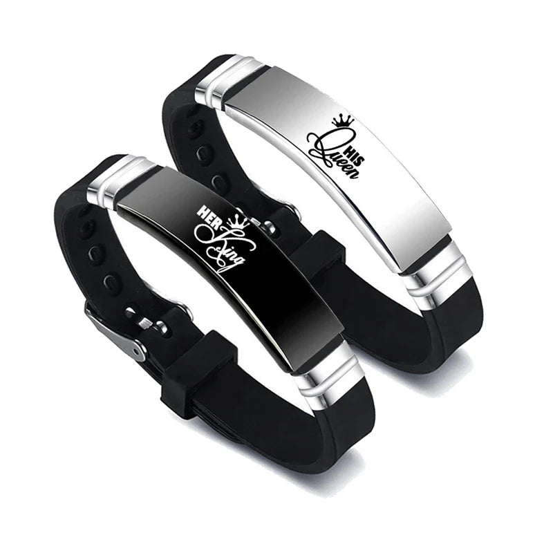 2 Pcs/Set His Queen Her King Couple Bracelets - Stainless Steel Adjustable Silicone Strap Bangles for Valentine's Day Gift