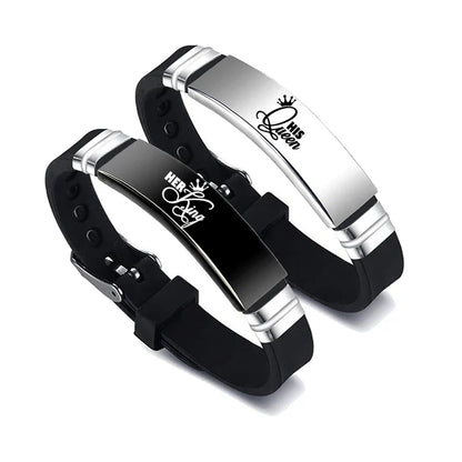 2 Pcs/Set His Queen Her King Couple Bracelets - Stainless Steel Adjustable Silicone Strap Bangles for Valentine's Day Gift