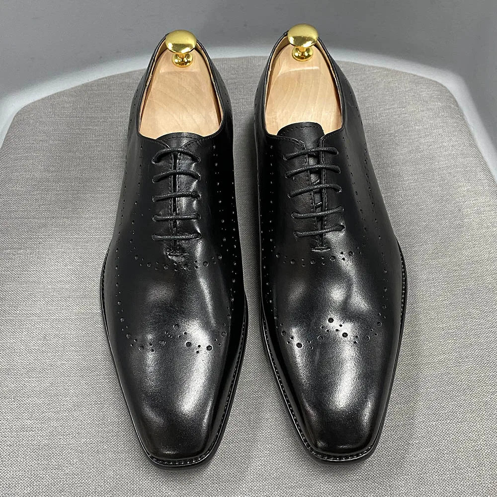 Men’s Genuine Calf Leather Oxford Shoes - Luxury Wingtip Lace-Up Business Brogue Dress Shoes