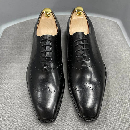Men’s Genuine Calf Leather Oxford Shoes - Luxury Wingtip Lace-Up Business Brogue Dress Shoes