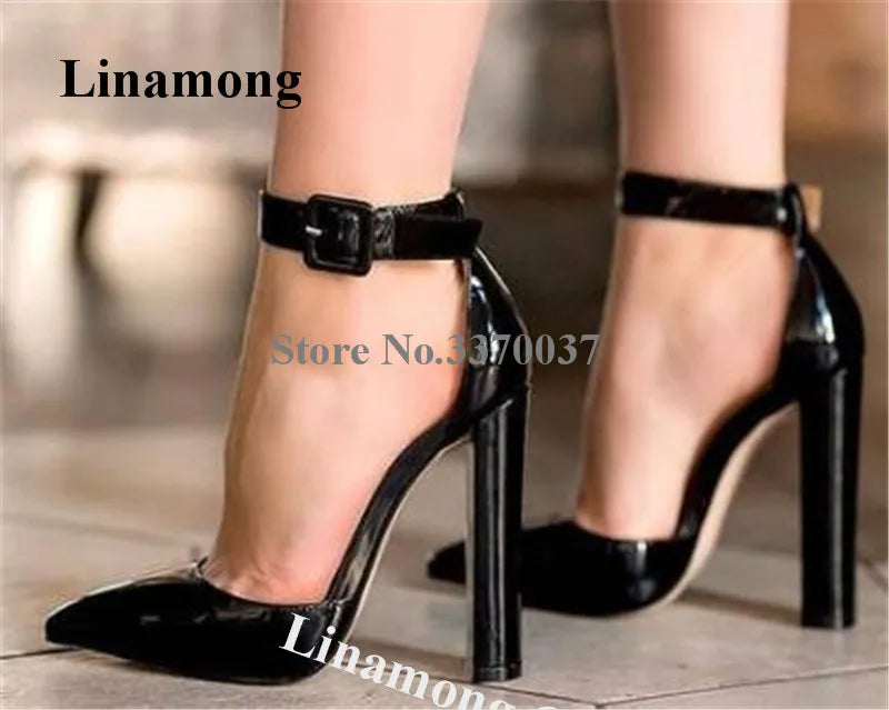 Linamong Women’s Pointed Toe Patent Leather Pumps – Elegant Chunky Heel Ankle Strap High Heels in White & Black, Club Shoes