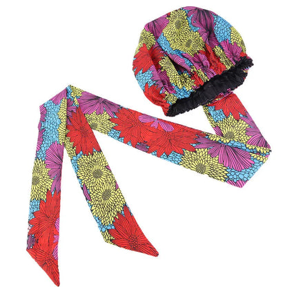 African Print Satin Bonnet with Long Ribbon - Double-Layer Ankara Hair Wrap Cap for Women, Large Size Head Cover