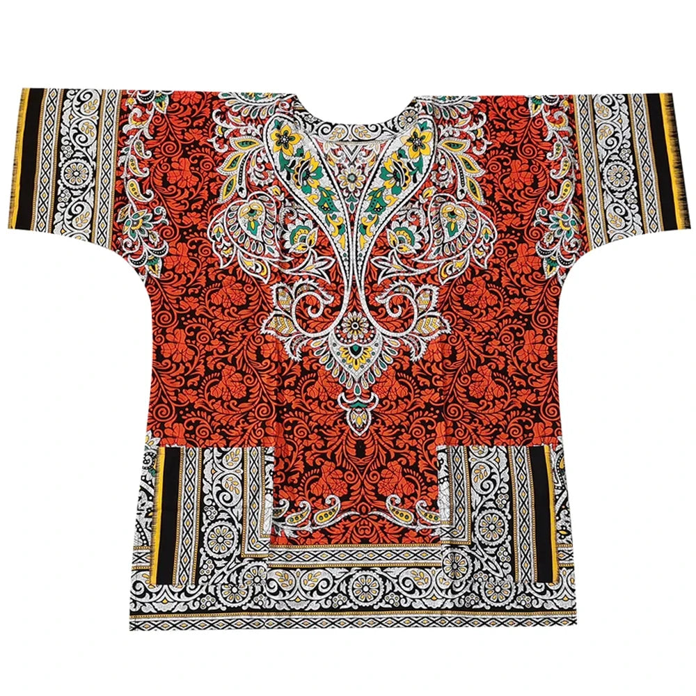 African Dashiki Cotton T-Shirt - Traditional Printed Unisex Fashion Top with Vibrant Ethnic Style Design