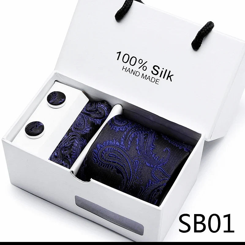 100% Silk Tie Gift Set - Classic Striped Wedding Necktie with Handkerchief for Men