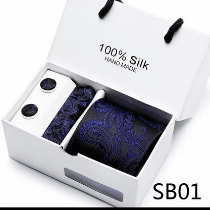 100% Silk Tie Gift Set - Classic Striped Wedding Necktie with Handkerchief for Men