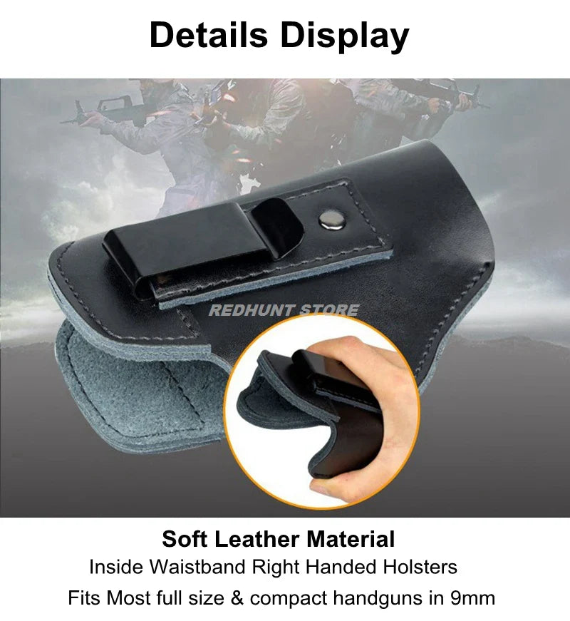 Tactical Leather Holster – IWB Concealed Carry Airsoft Gun Holster for Glock 17/19/43, Sig P365, PX4 & M9 9mm Hunting Accessory
