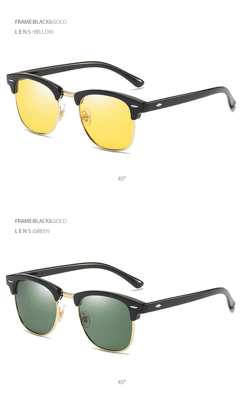 Classic Half Frame Polarized Sunglasses – Retro Rivet Design for Men & Women, Anti-Glare Black Travelling Shades